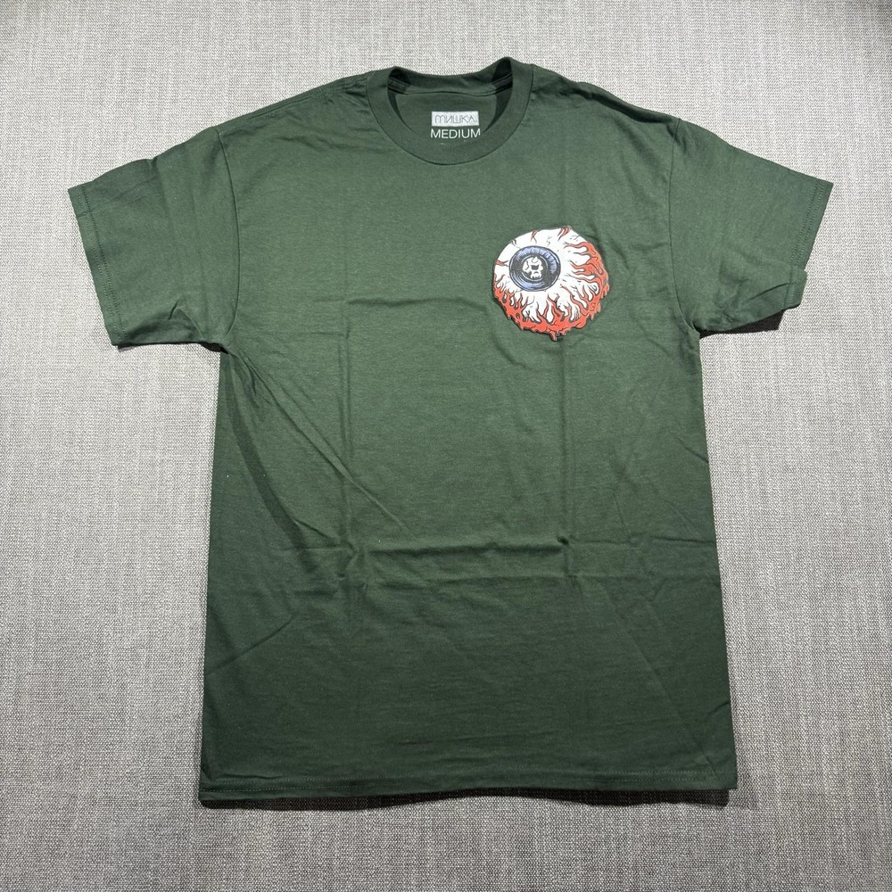 Mishka Shirt Mens Medium Green Flaming Eyeball Skull Graphic Tee Horror Logo